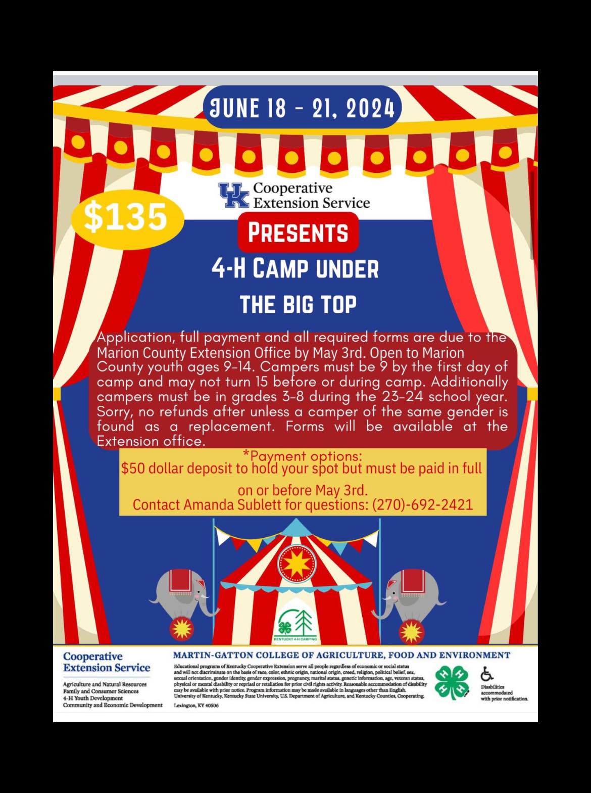4H Camp Under The Big Top- Sign Up Now