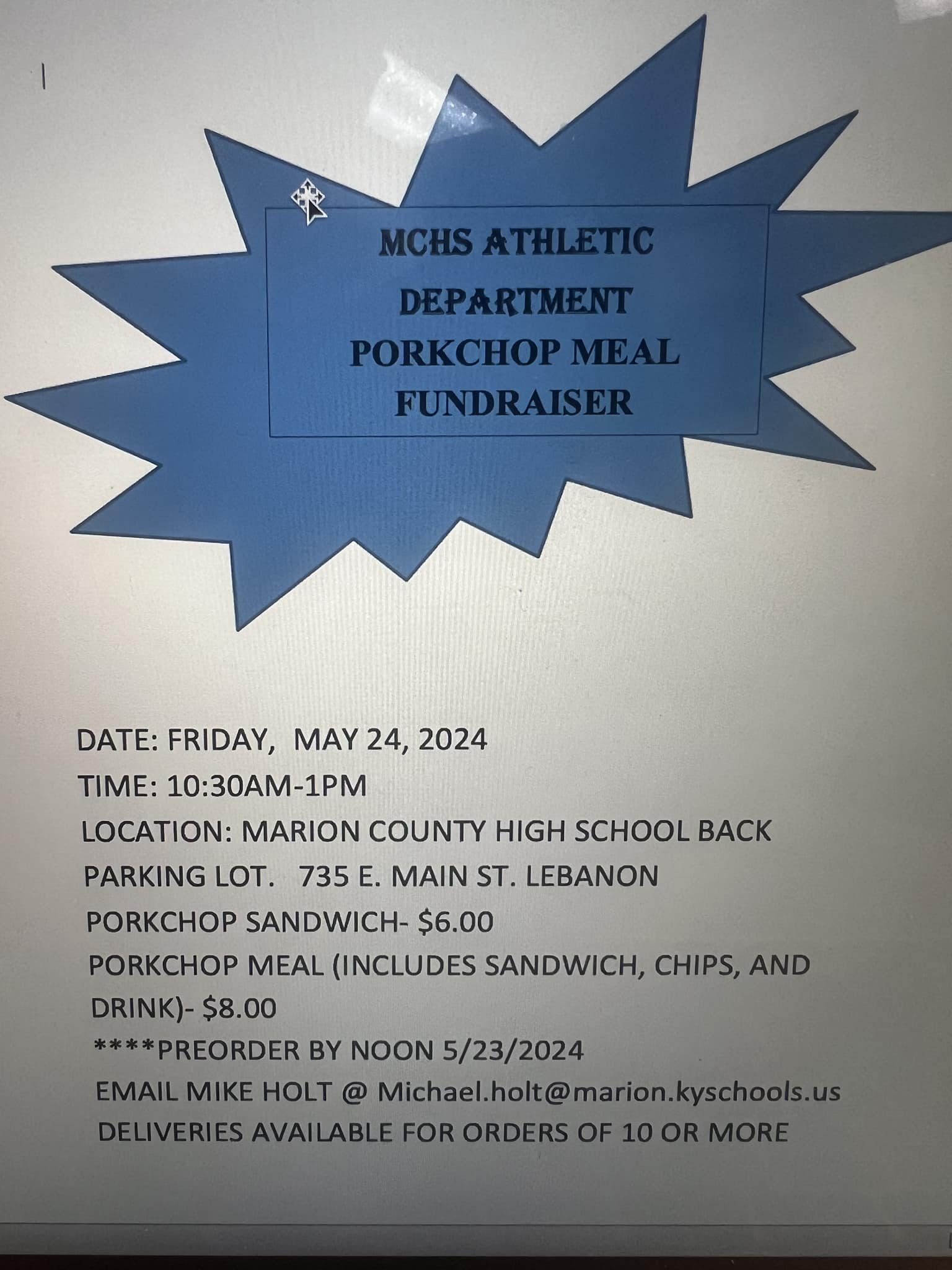 Pork Chop Meal Fundraiser for MCHS Athletic Department