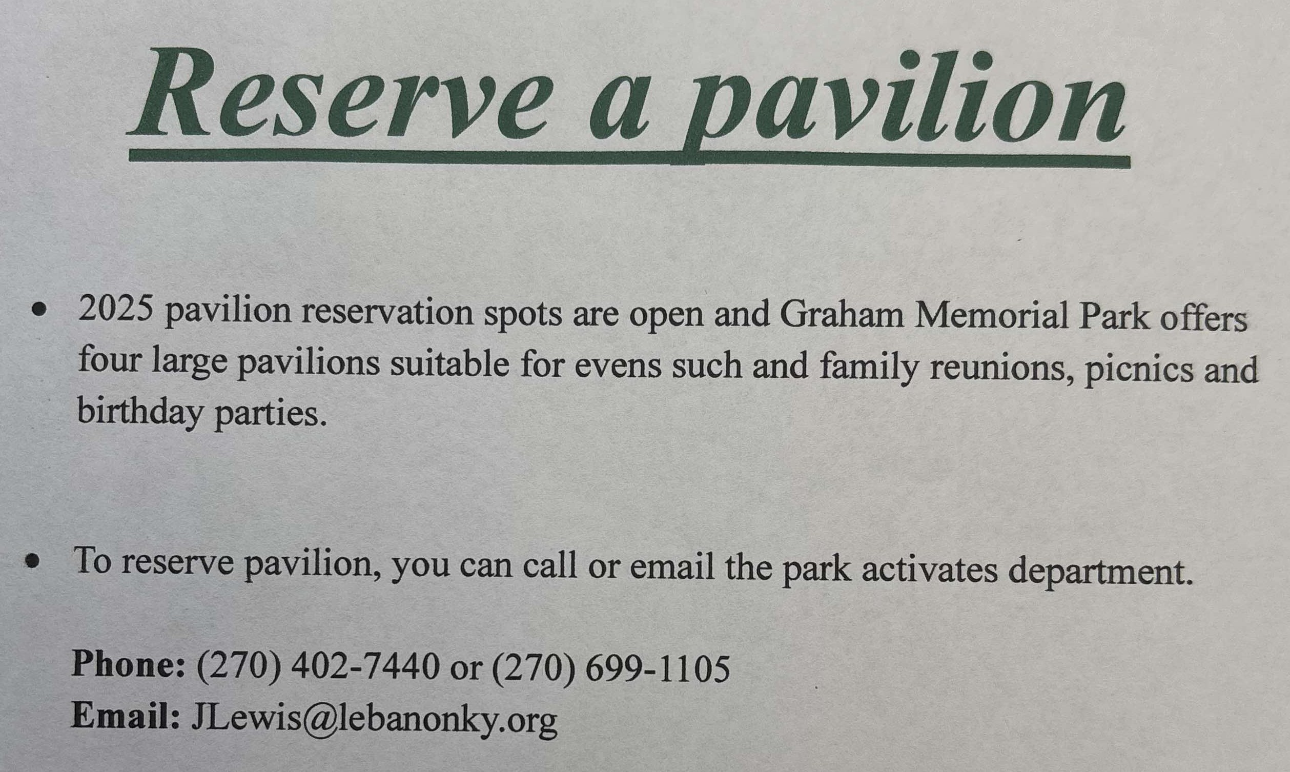 Pavilion reservations now open at Graham Memorial Park