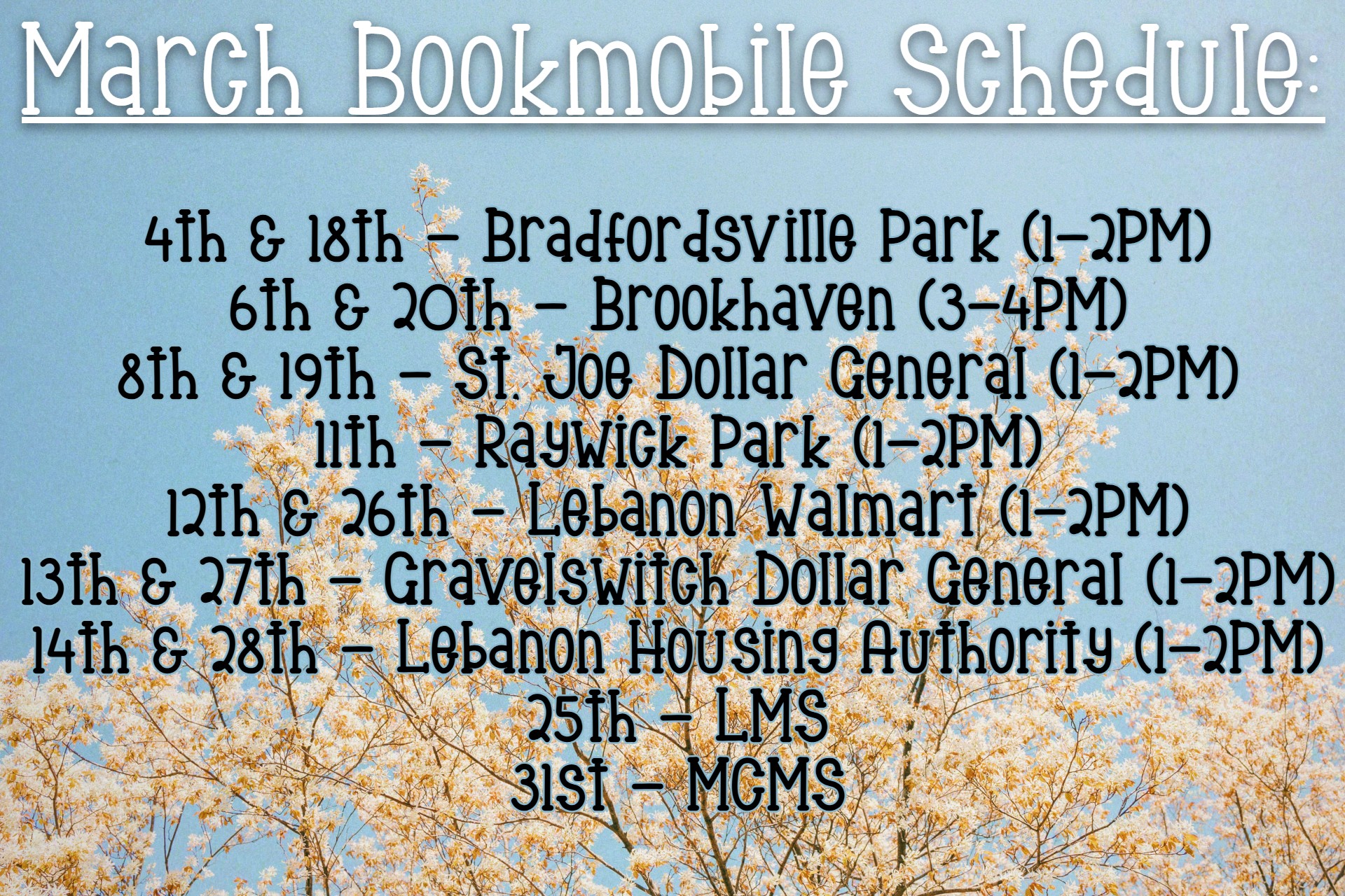 Marion County Public Library Bookmobile March Schedule