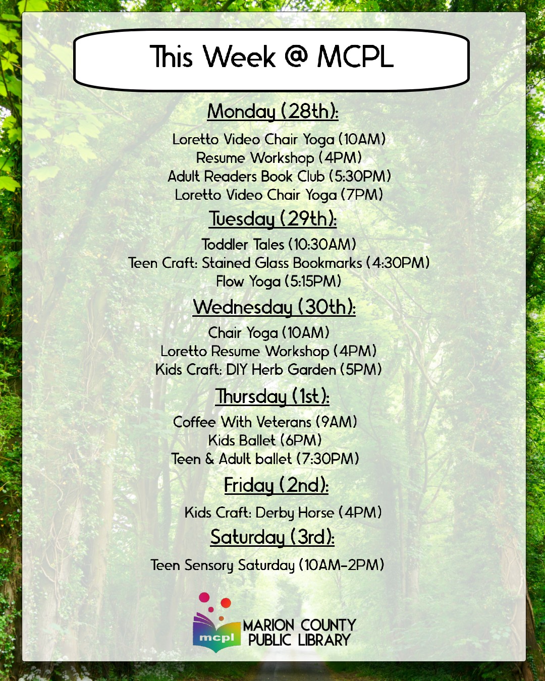 This week at the Marion County Public Library April 28-May 3