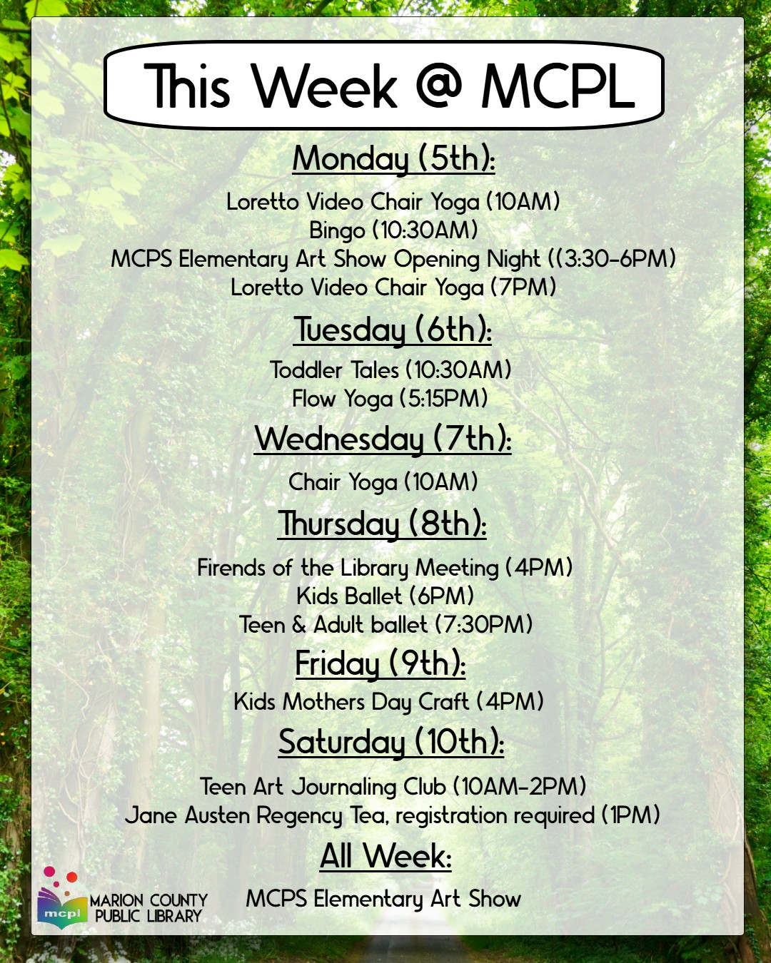 This week at the Marion County Public Library May 5-10