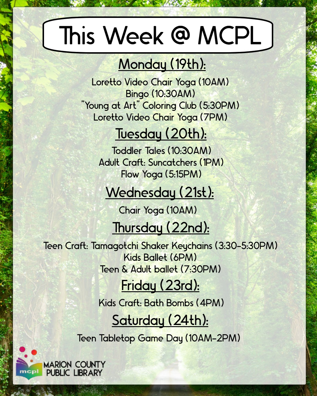 This week at the Marion County Public Library May 19-24