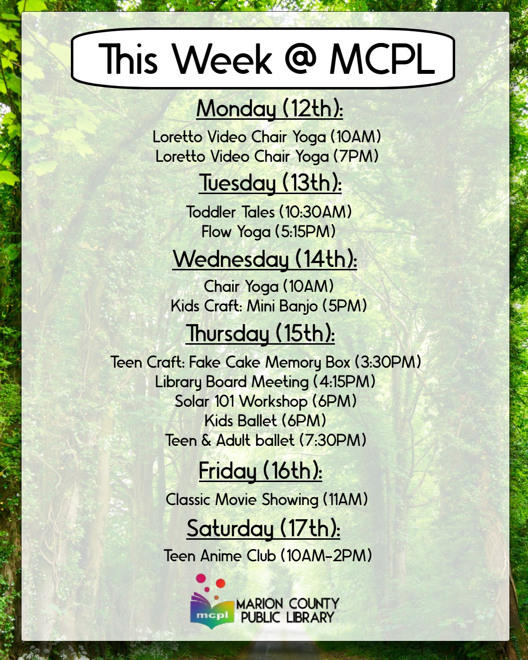 This week at the Marion County Public Library May 12-17
