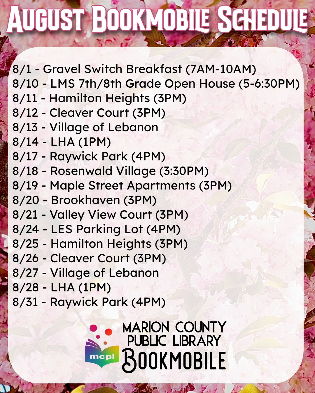 Marion County Public Library Bookmobile Schedule