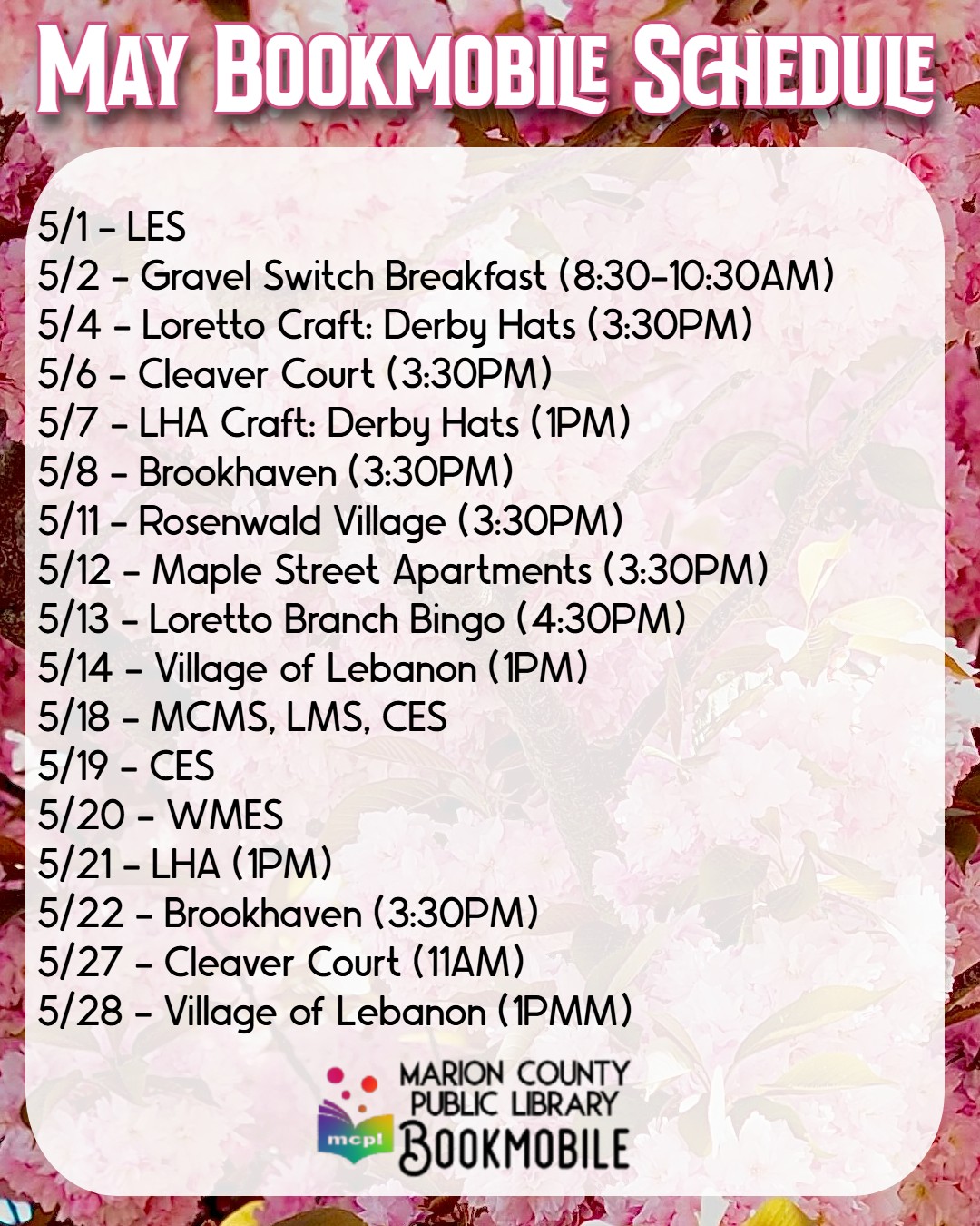 Marion County Public Library Bookmobile Schedule