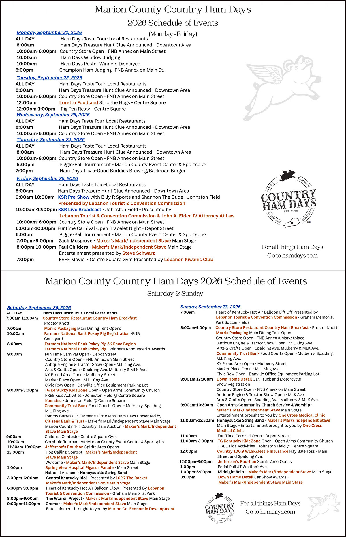 Marion County Country Ham Days Official Schedule