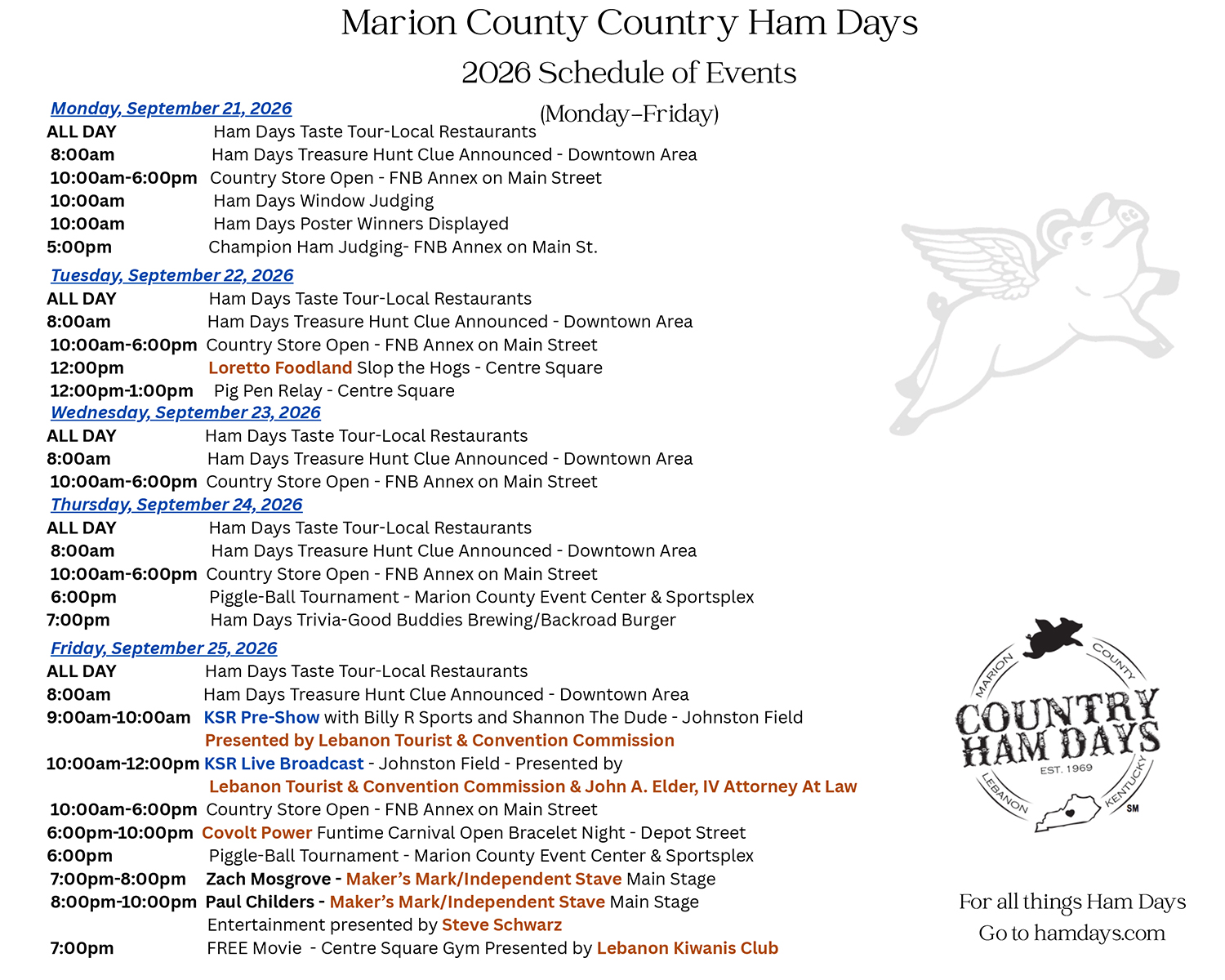 Marion County Country Ham Days Official Monday - Friday Schedule